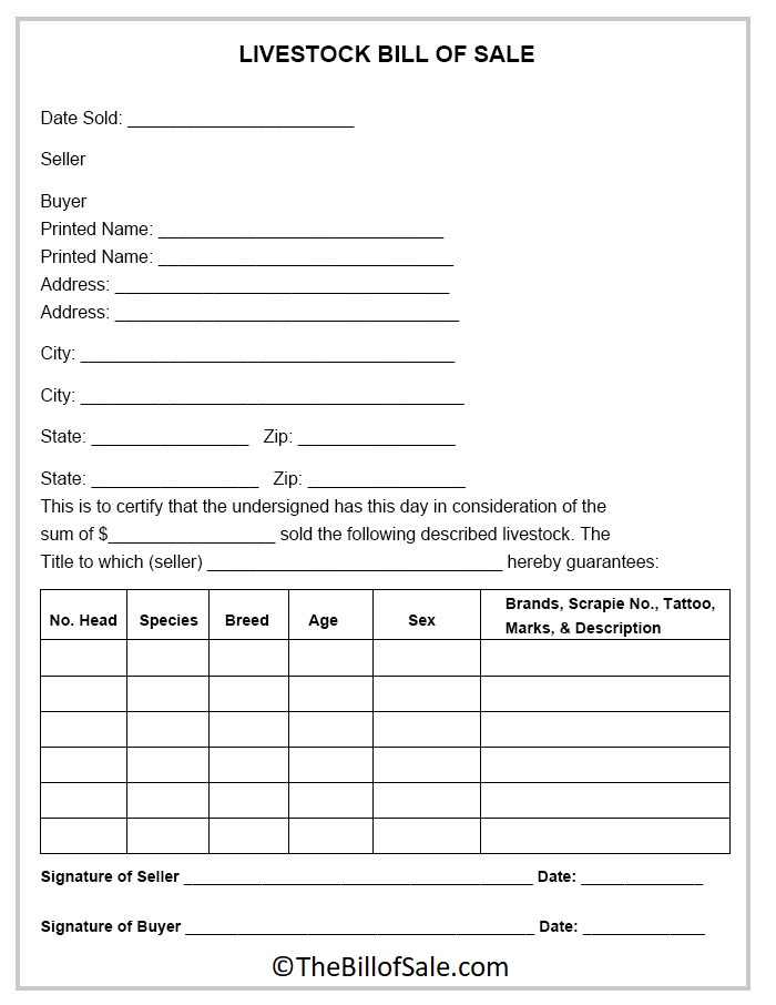 Bill of Sale For Livestock