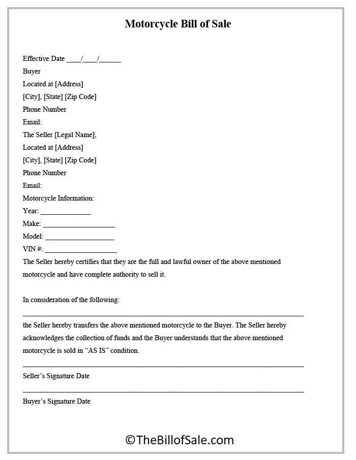 Bill of Sale For Motorcycle