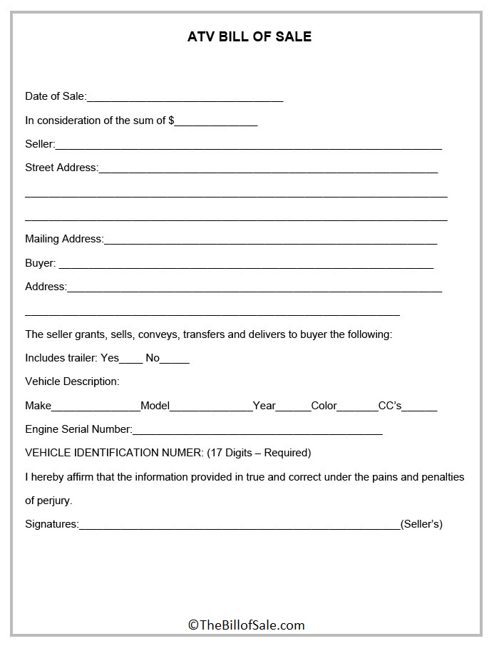 Bill of Sale Form ATV