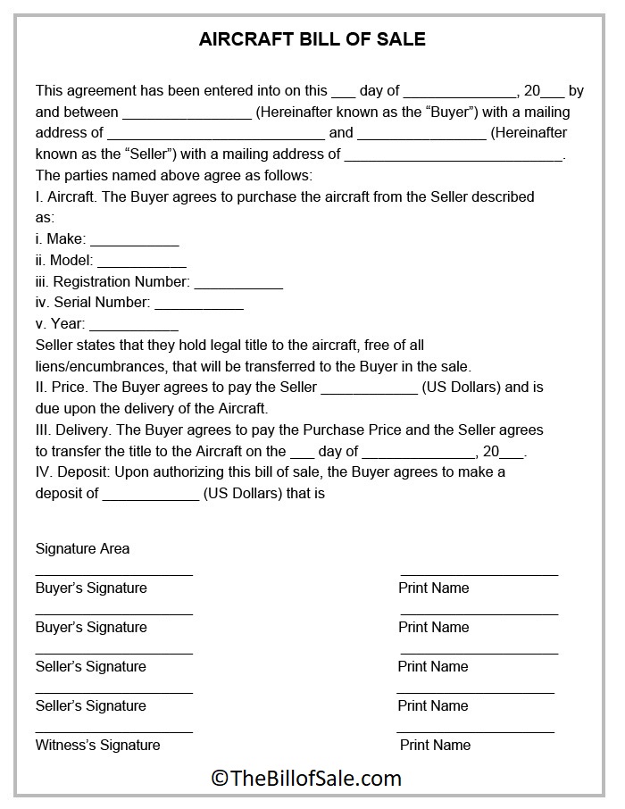 Bill of Sale Form for Aircraft
