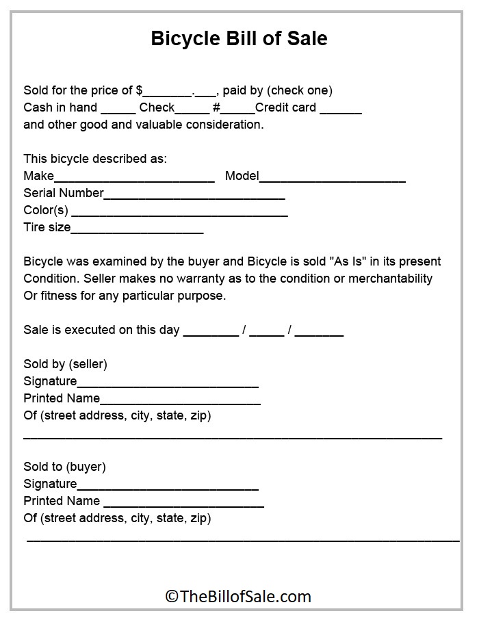 Bill of Sale Form for Bicycle