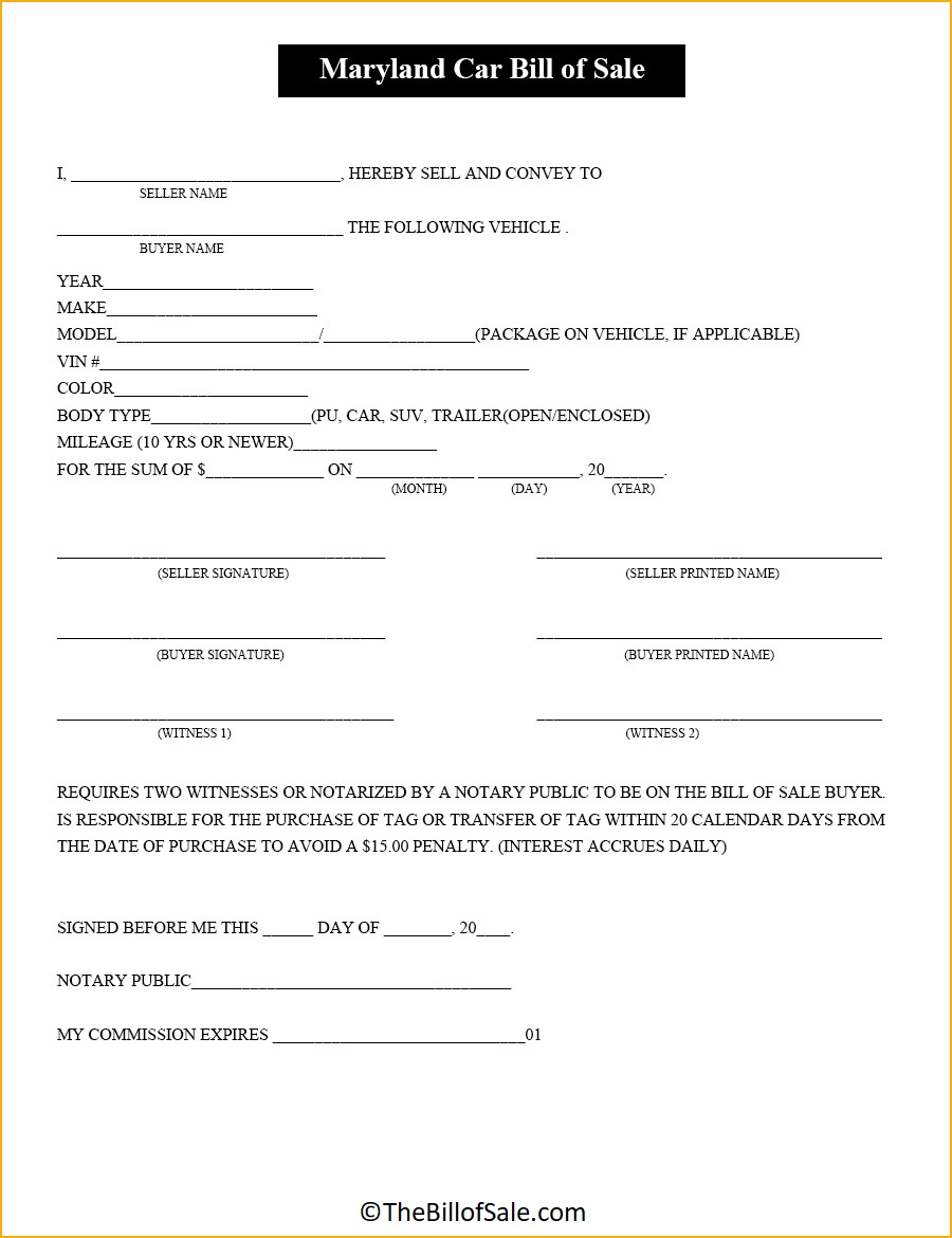 Car Maryland Bill of Sale