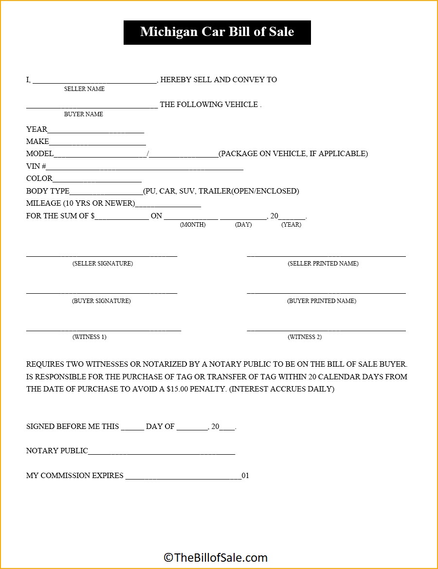Car Michigan Bill of Sale