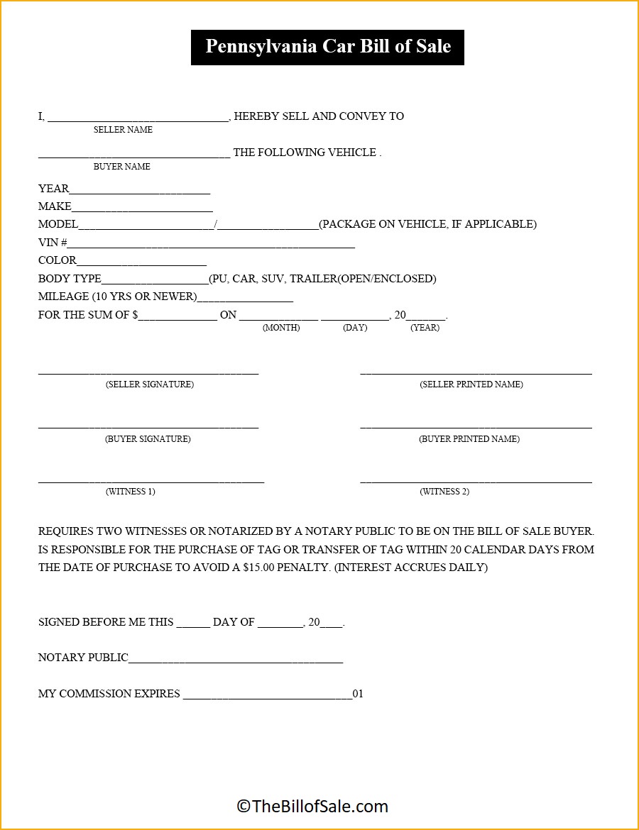 Car Pennsylvania Bill of Sale