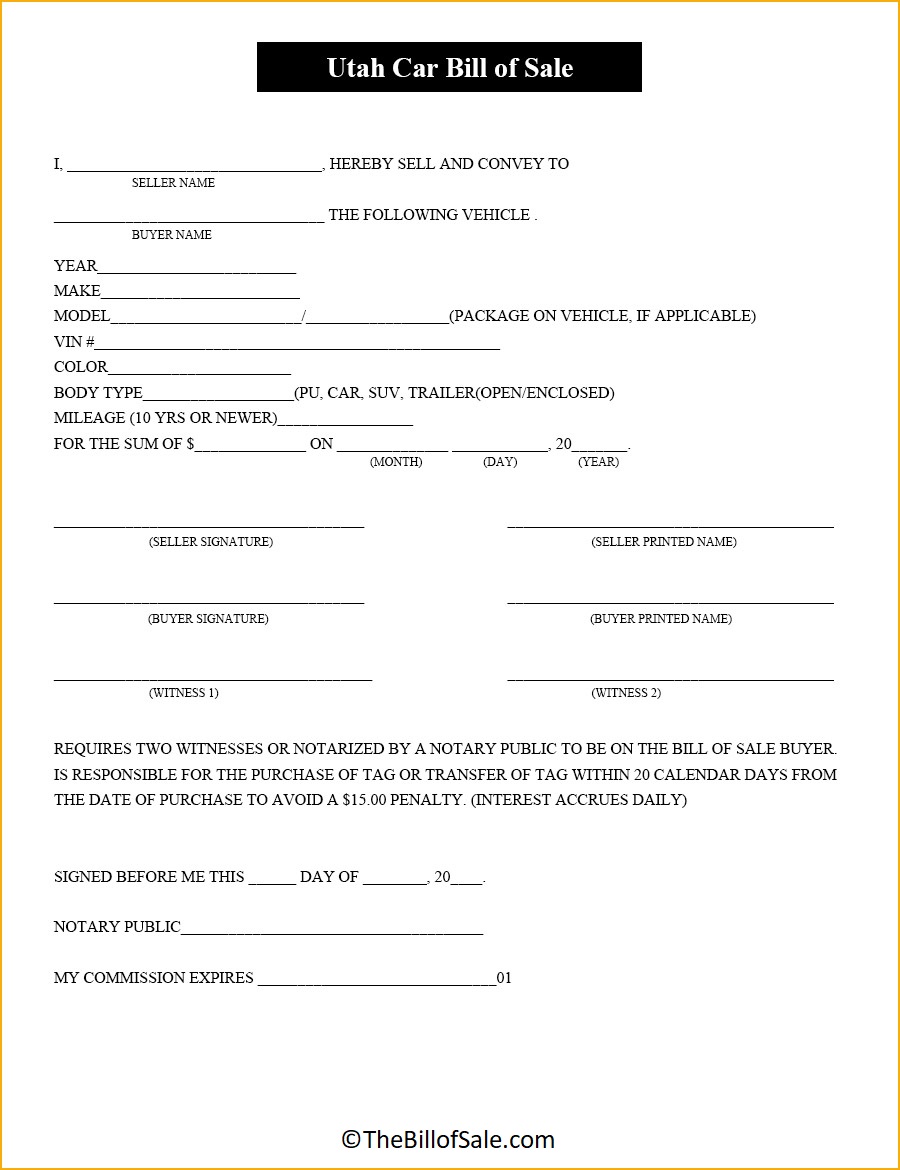 Car Utah Bill of Sale