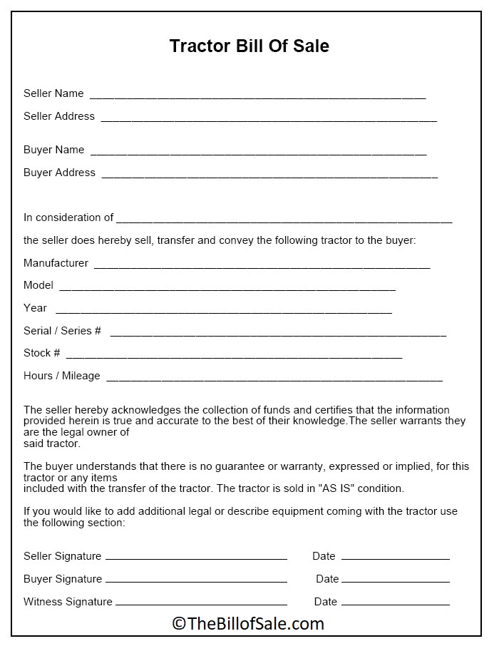 Farm Tractor Bill of Sale Form