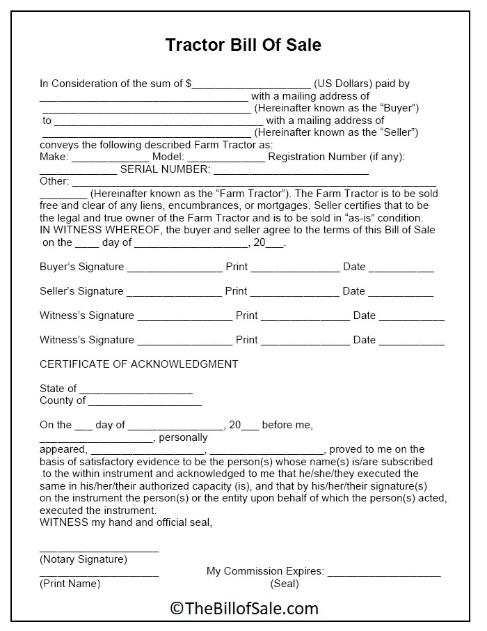 Farm Tractor Bill of Sale