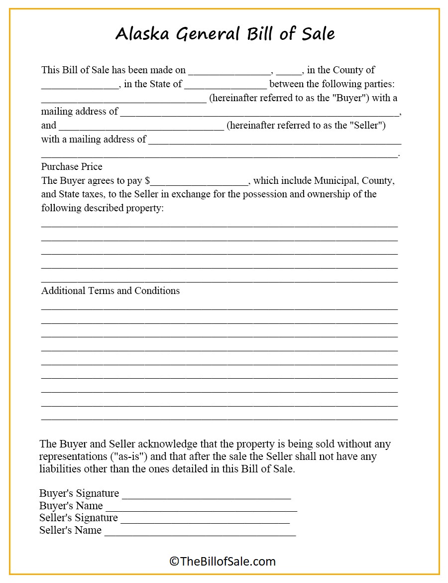 General Alaska Bill of Sale