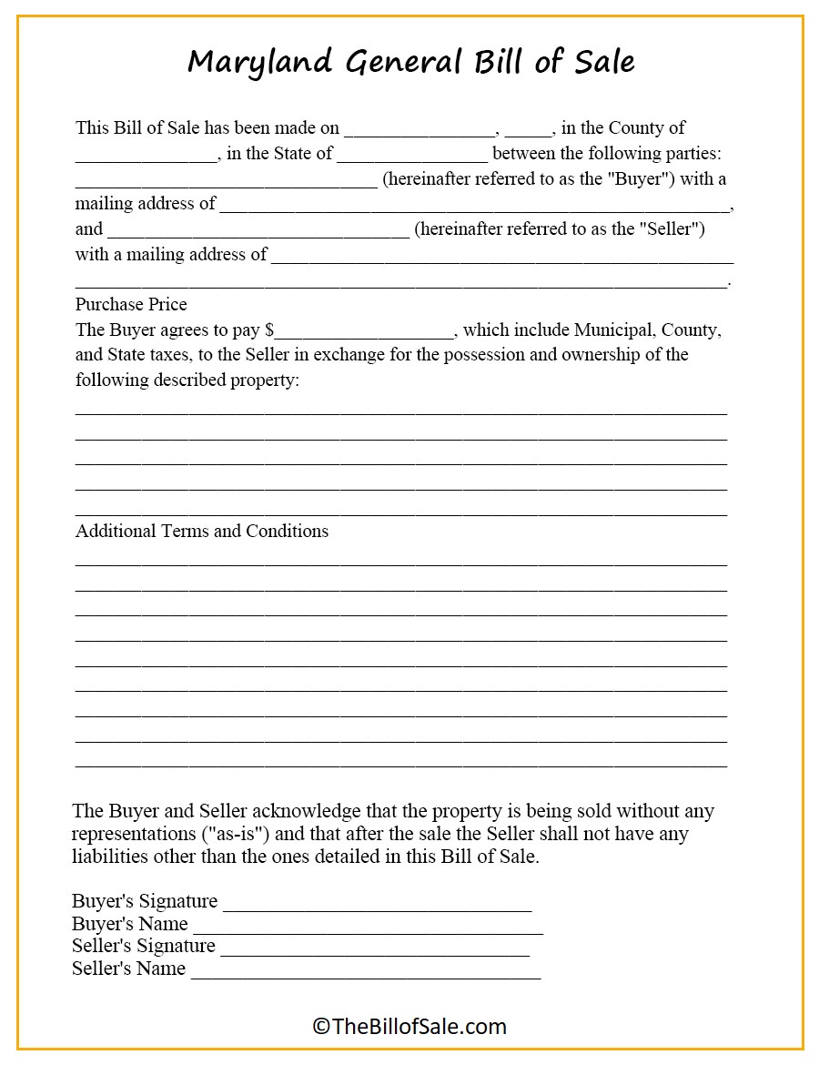 General Maryland Bill of Sale