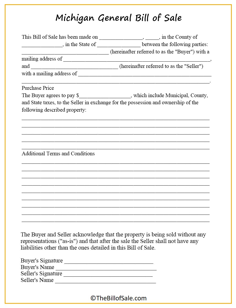General Michigan Bill of Sale