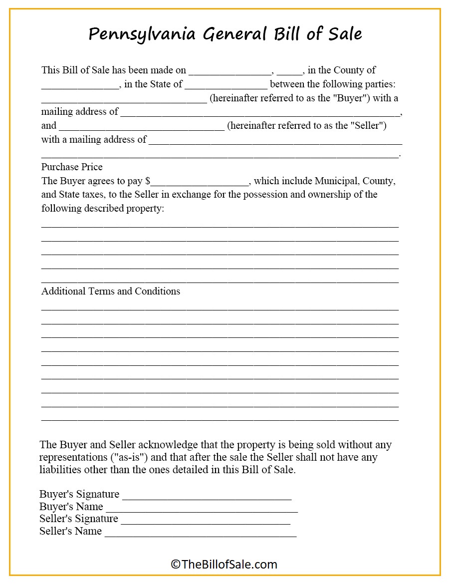 General Pennsylvania Bill of Sale