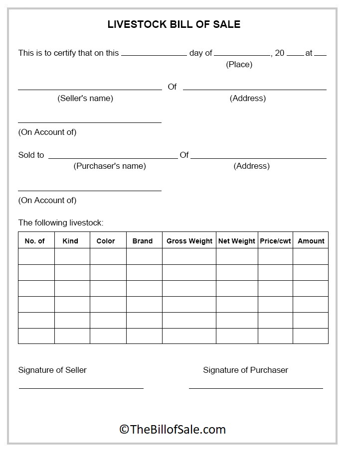 Livestock Bill of Sale Template