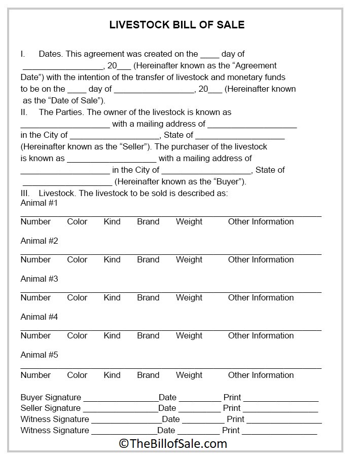 Livestock Bill of Sale