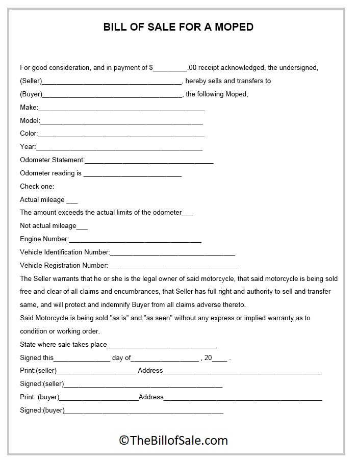 Moped Bill of Sale Form