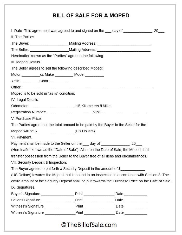 Moped Bill of Sale Template