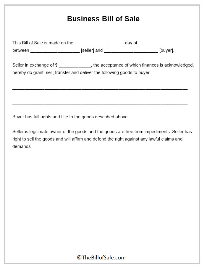 Printable Business Bill of Sale
