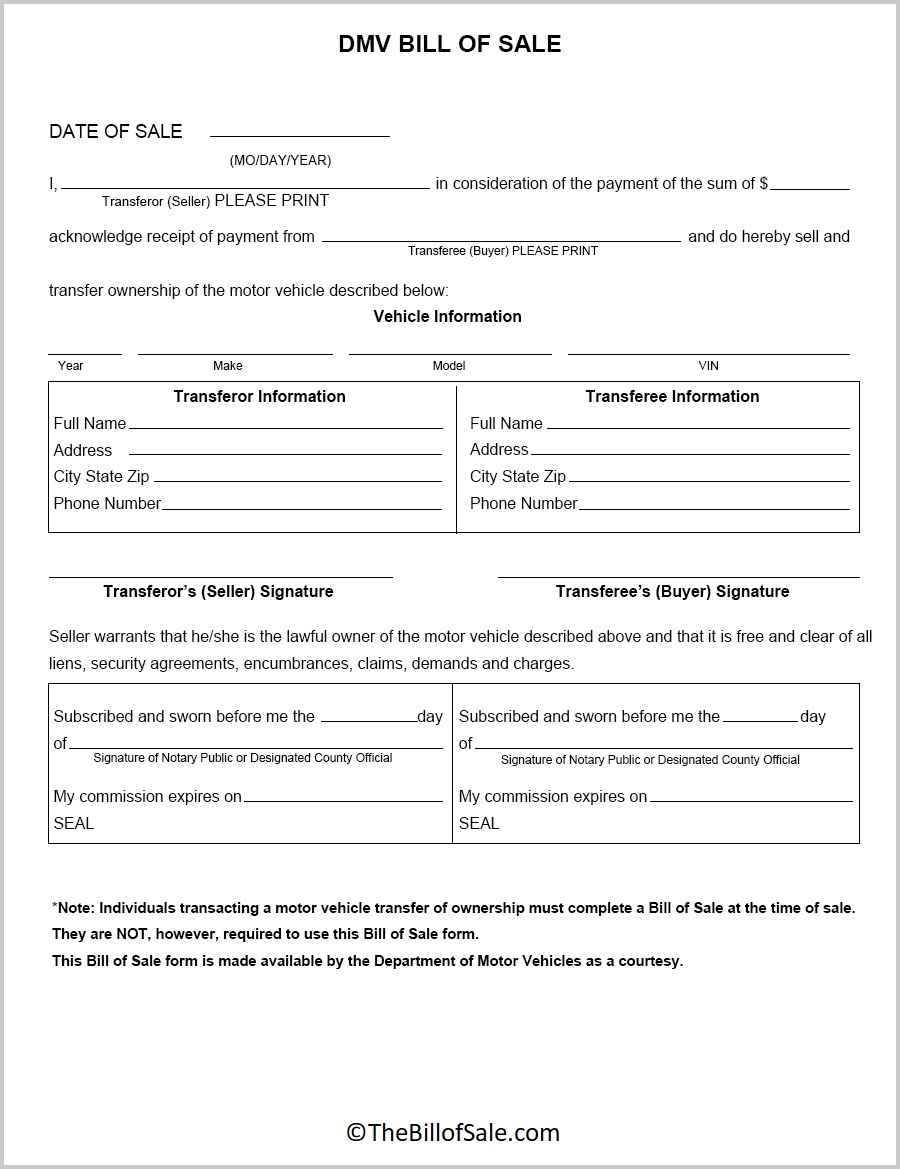Printable DMV Bill of Sale