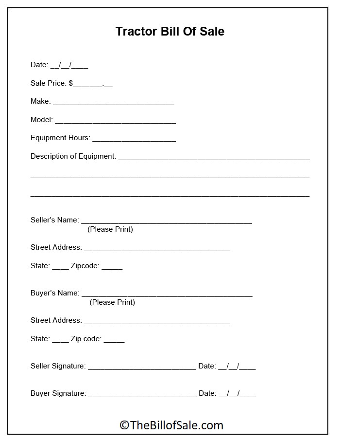 Printable Farm Tractor Bill of Sale