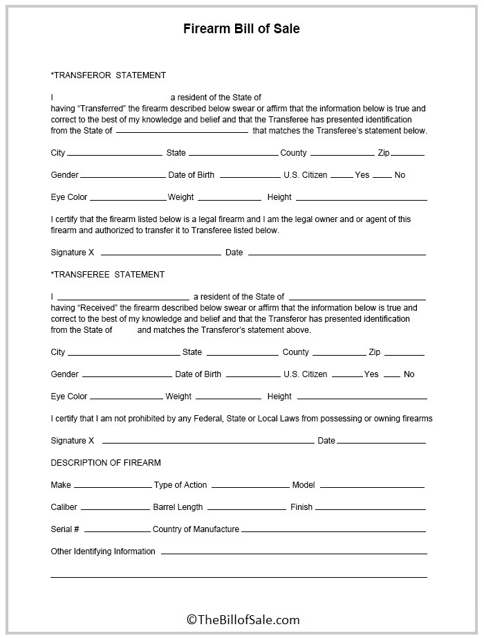 Printable Firearm Bill of Sale