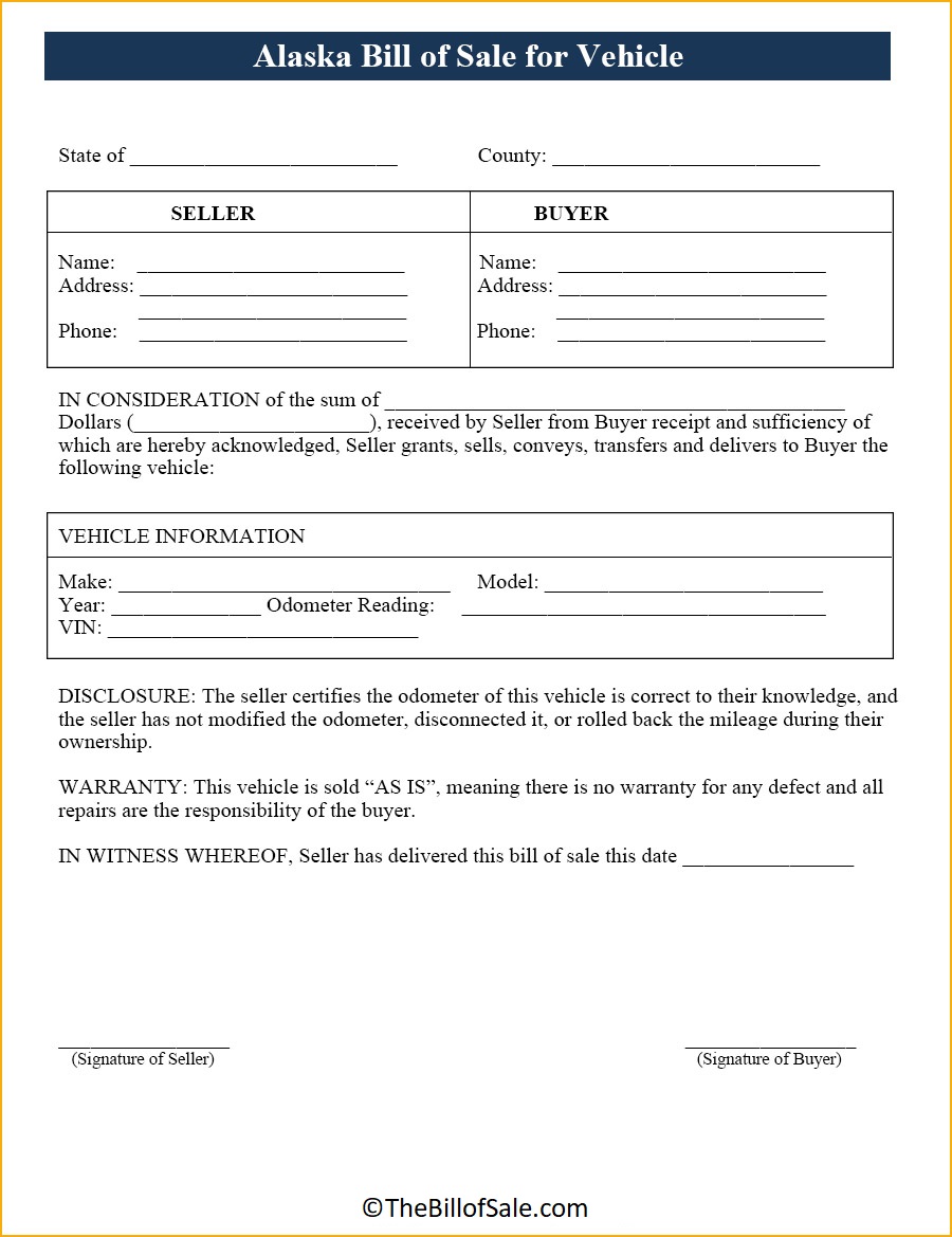 Vehicle Alaska Bill of Sale