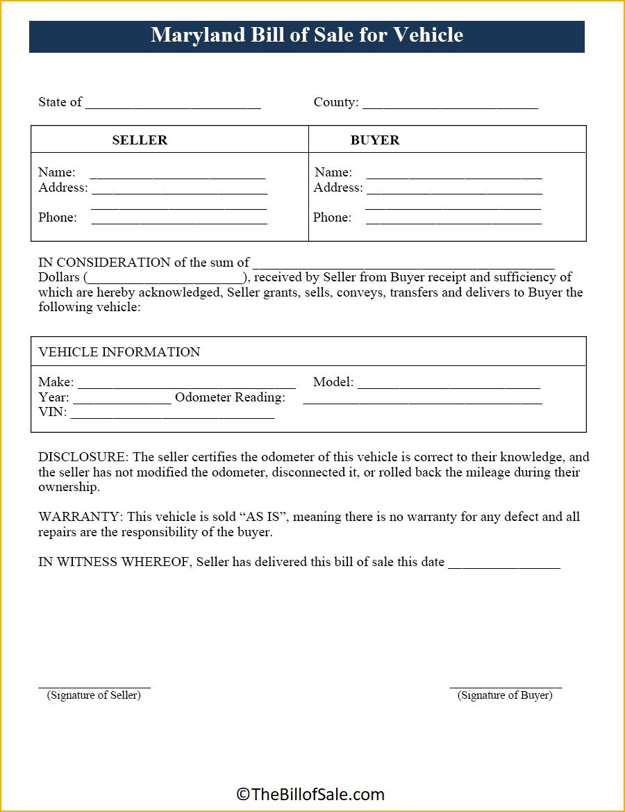 Vehicle Maryland Bill of Sale