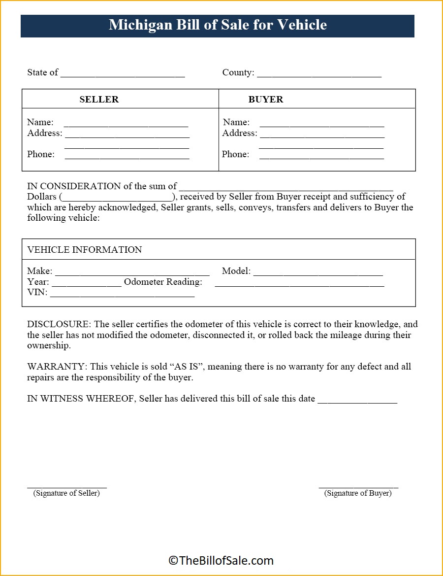 Vehicle Michigan Bill of Sale