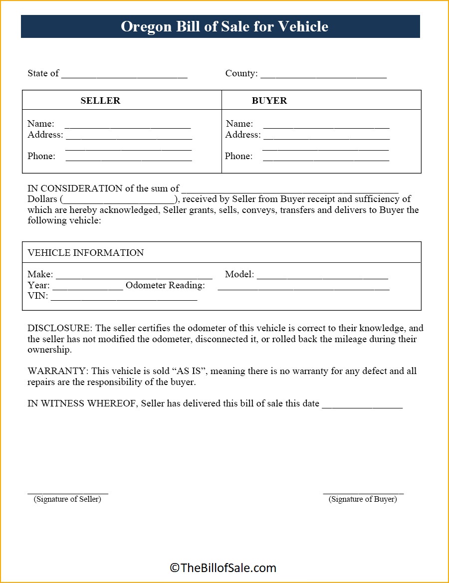 Vehicle Oregon Bill of Sale