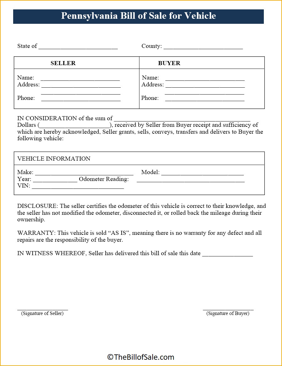 Vehicle Pennsylvania Bill of Sale
