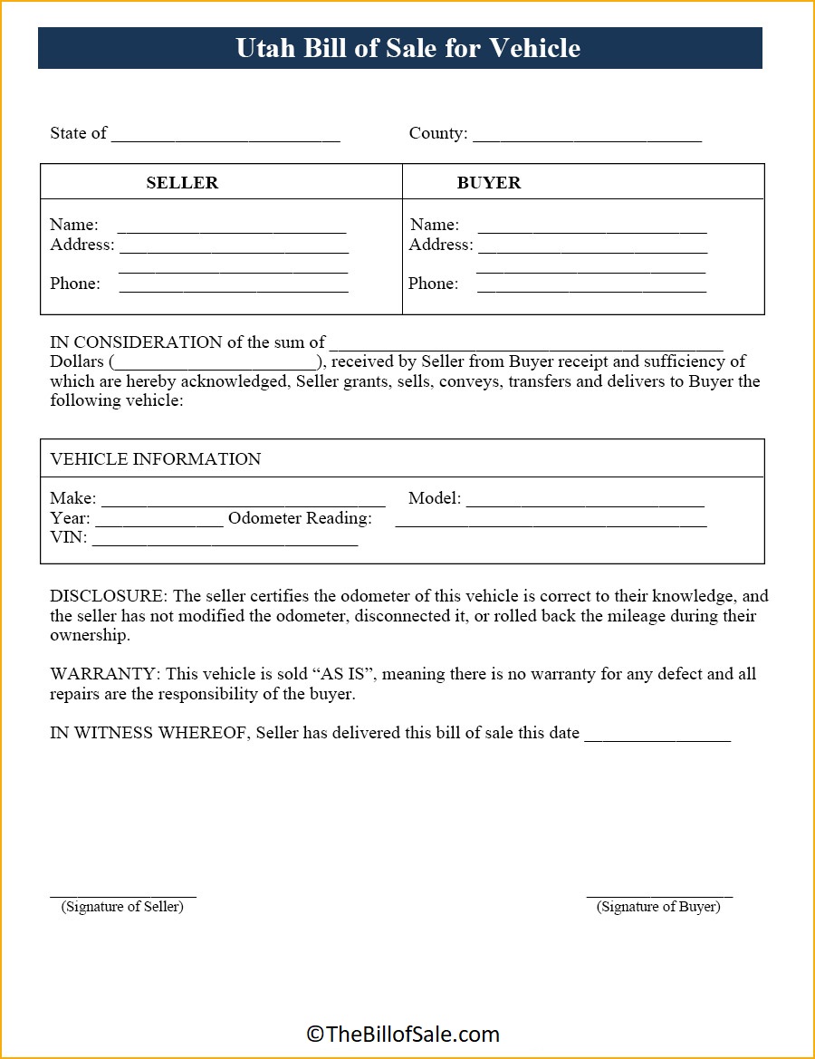 Vehicle Utah Bill of Sale