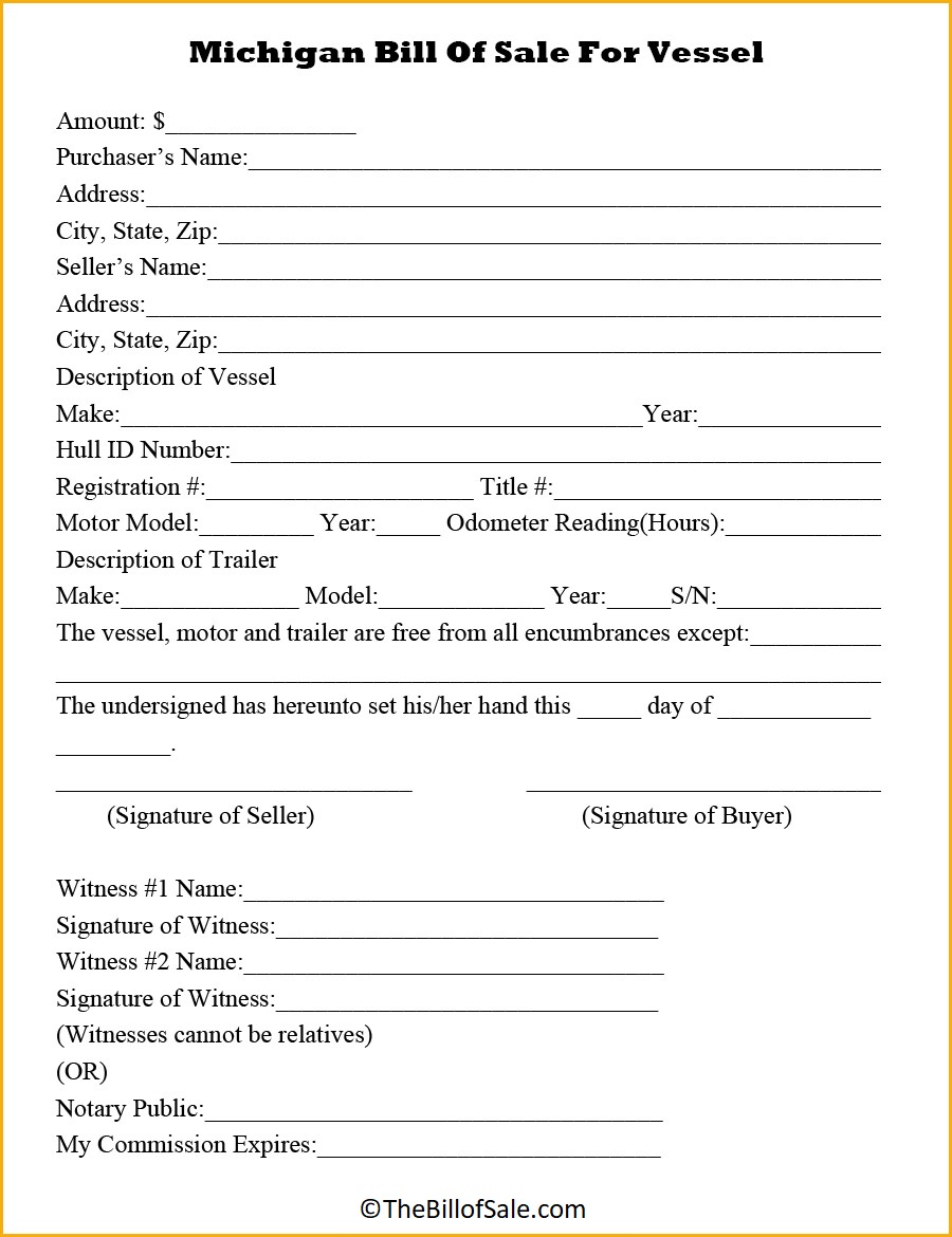 Vessel Michigan Bill of Sale