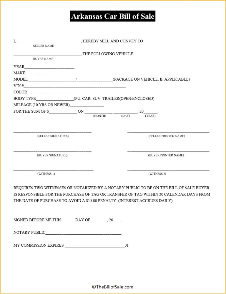 Arkansas Bill of Sale Form for General, Car, Vehicle & DMV [PDF]