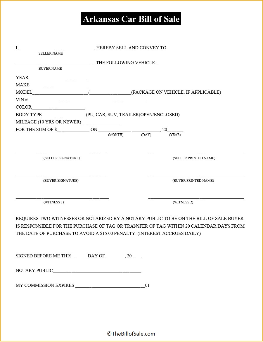 Arkansas Bill Of Sale Form For General Car Vehicle DMV PDF 