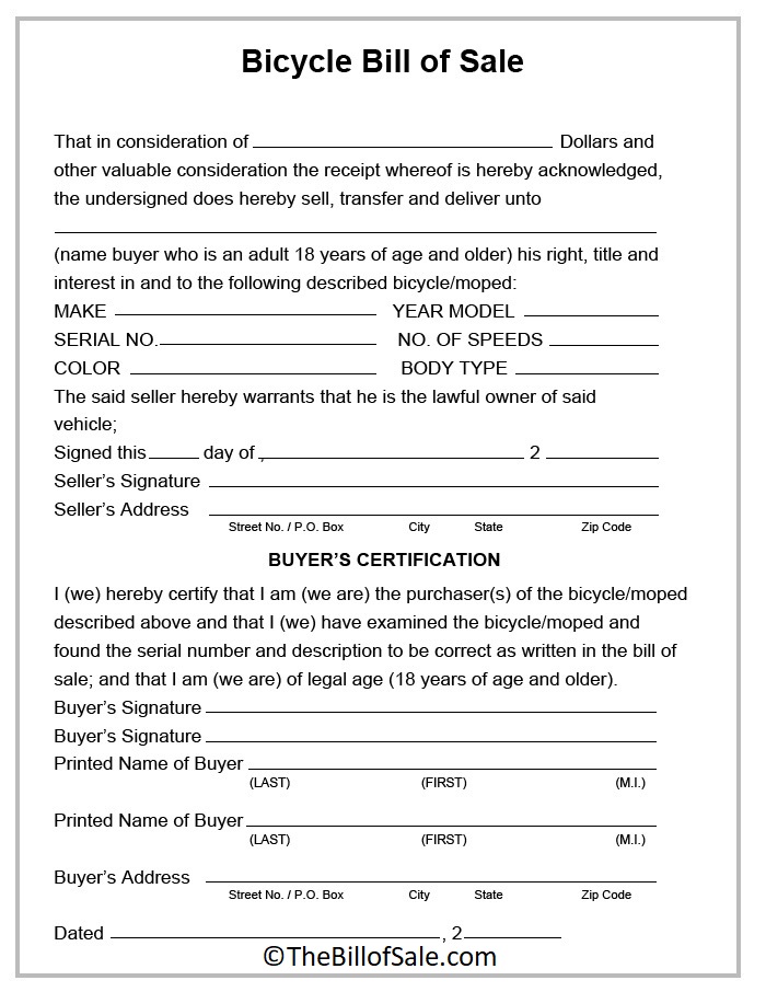 Bicycle Bill of Sale PDF