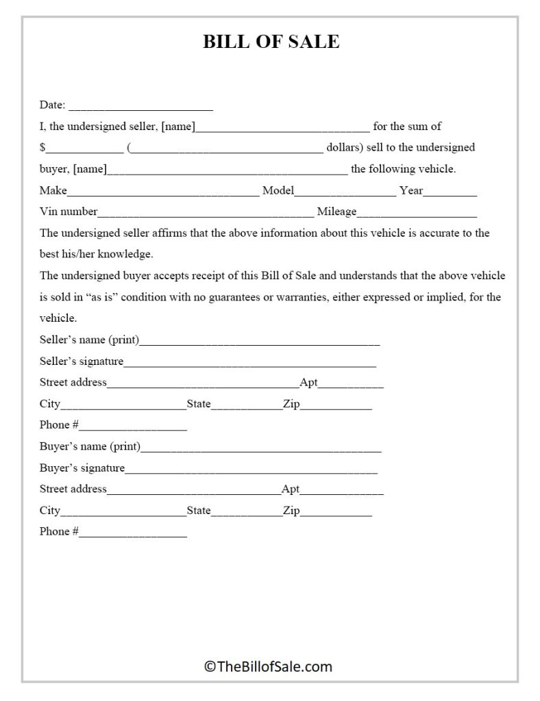 Generic Bill Of Sale Form Template In Printable Pdf