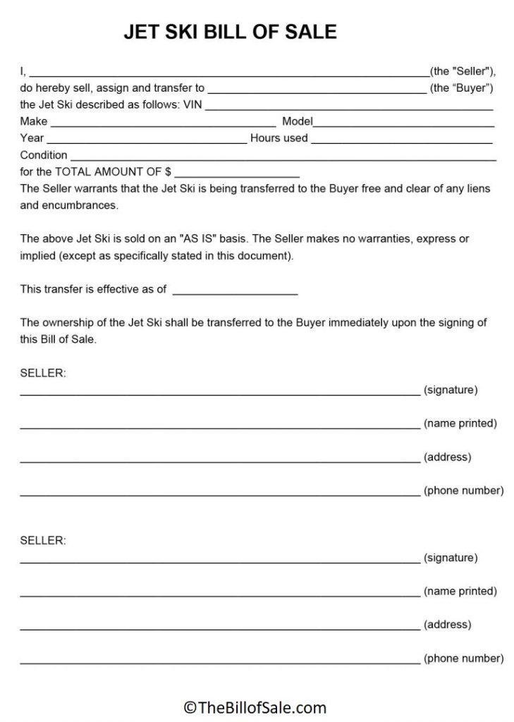 Jet Ski Bill of Sale Form Template Printable in PDF