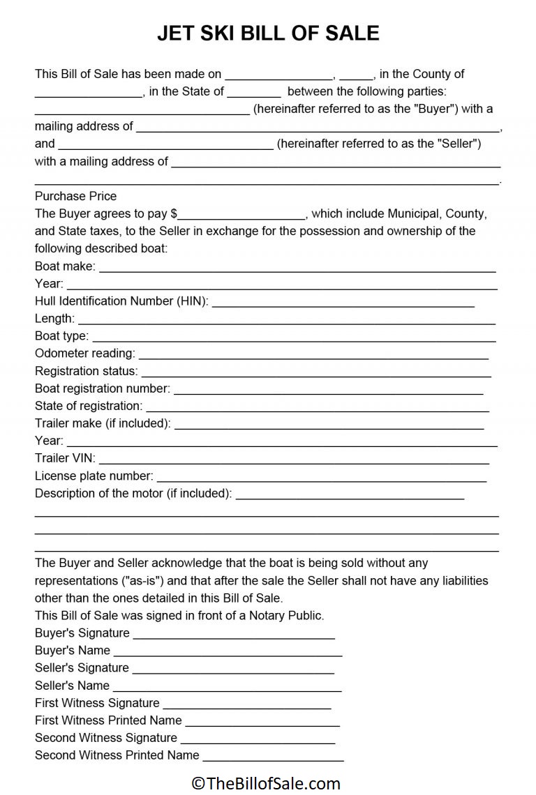 Jet Ski Bill of Sale Form Template Printable in PDF