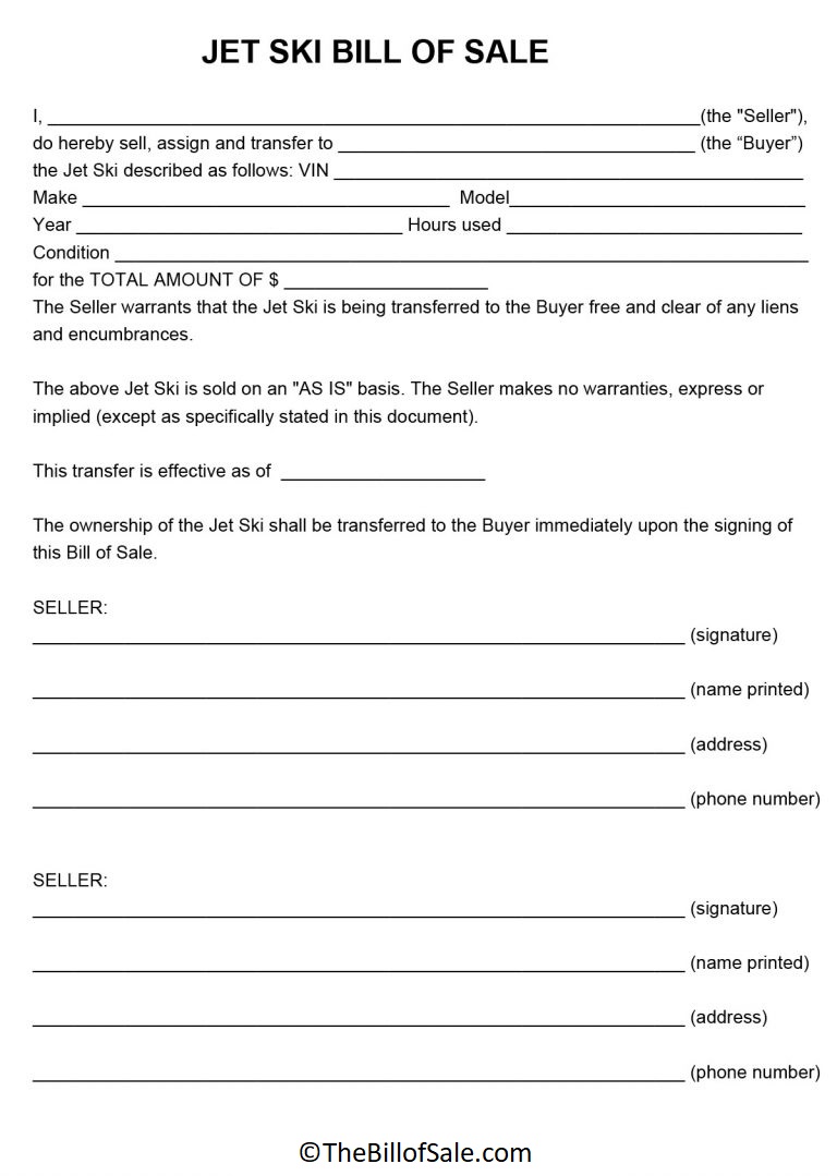 Jet Ski Bill of Sale Form Template Printable in PDF