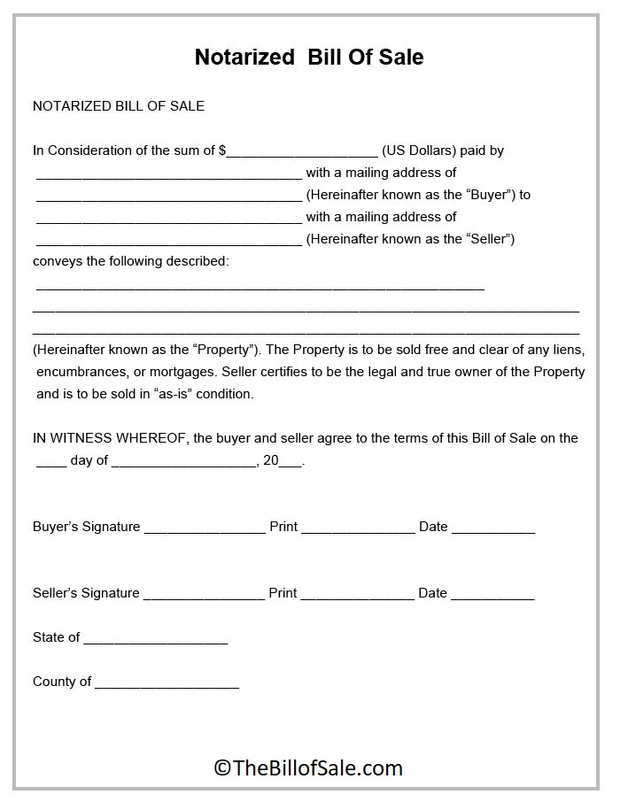 Bill of Sale For Notarized
