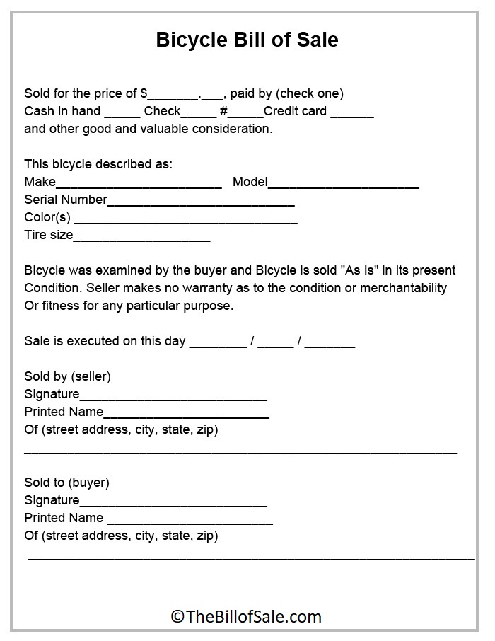 Bill of Sale Form for Bicycle