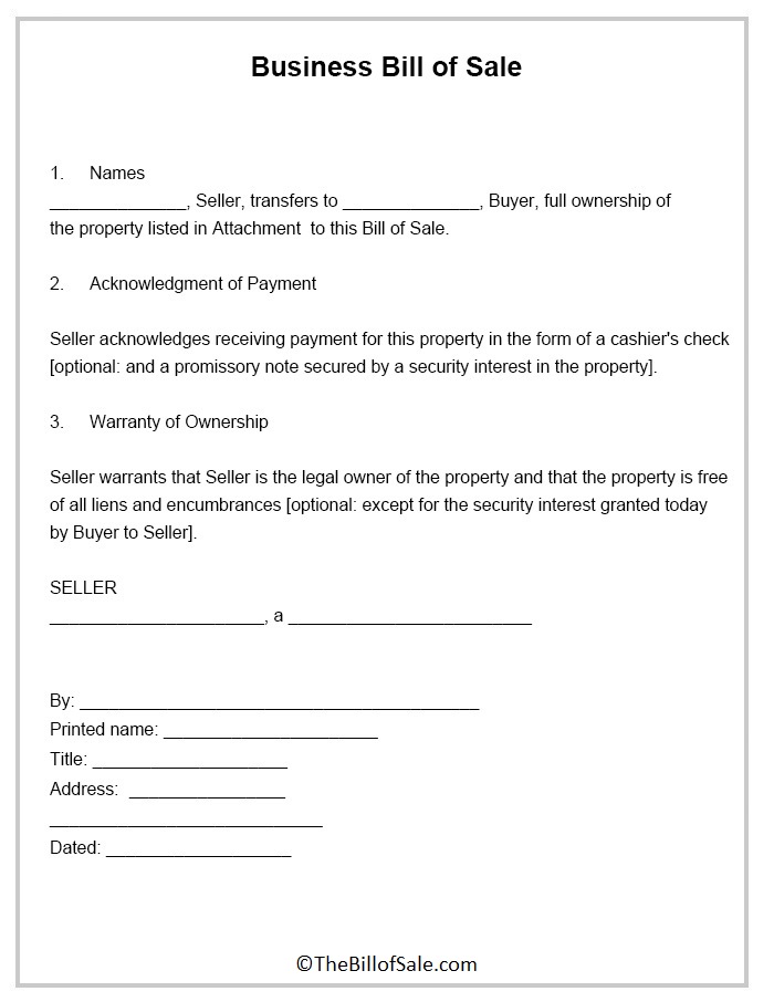 Business Bill of Sale Template
