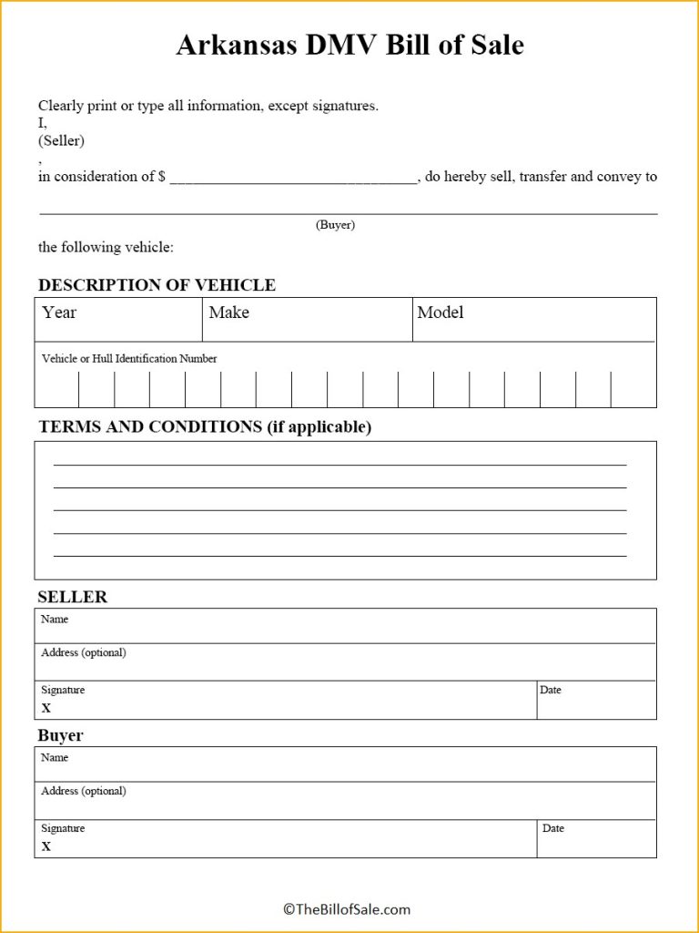 Arkansas Bill Of Sale Form For General Car Vehicle And Dmv Pdf 4082