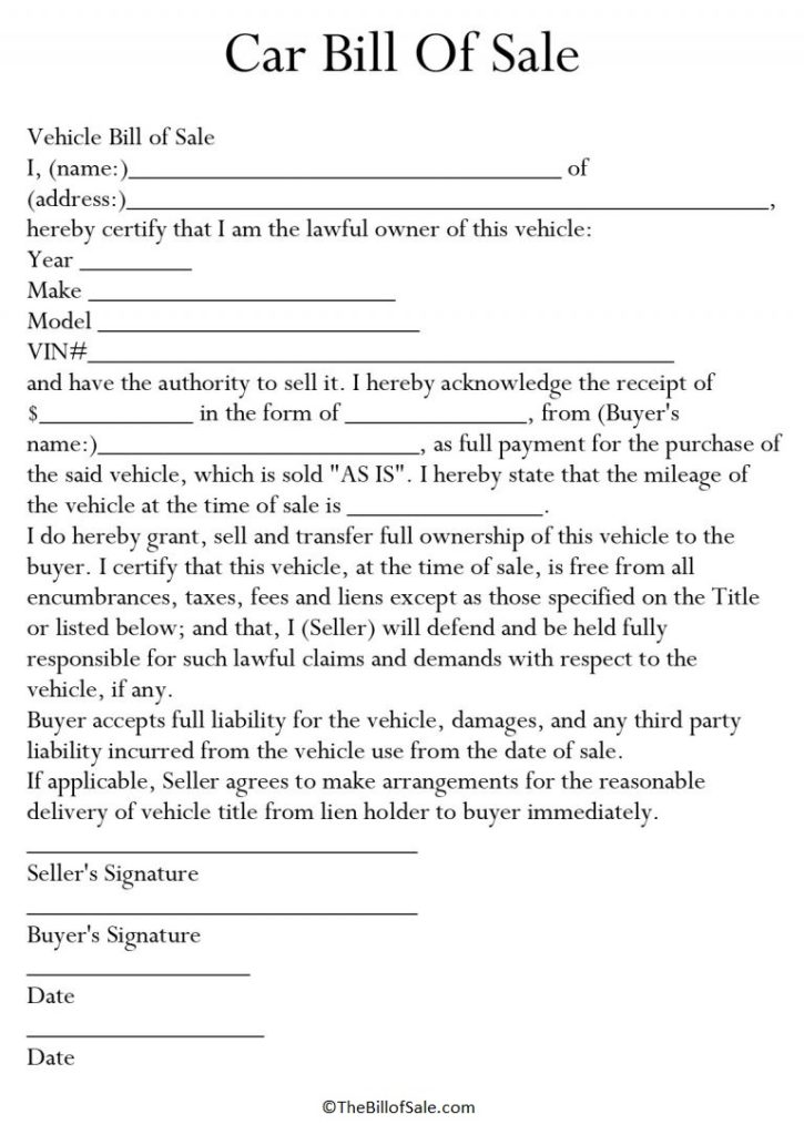 Car Bill Of Sale Form Template Blank Printable In Pdf