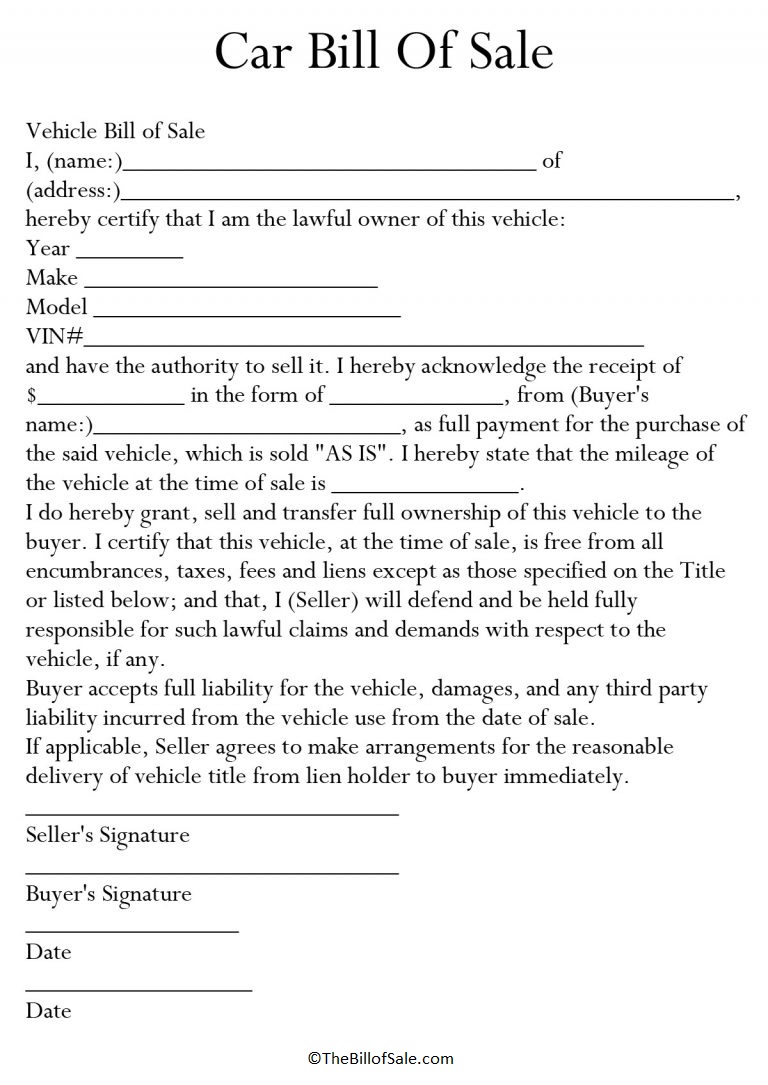 Car Bill of Sale Form