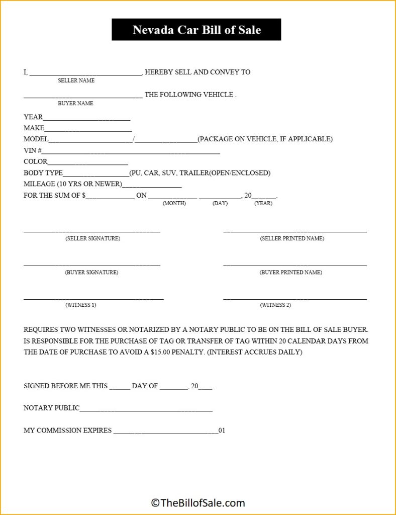 Nevada Bill Of Sale Form For General Car Vehicle And Dmv Pdf 2923