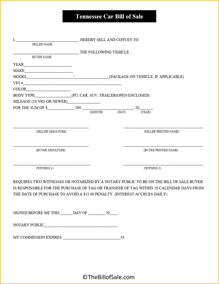 Tennessee Bill Of Sale Form For General Car Vehicle And Dmv Pdf 5501