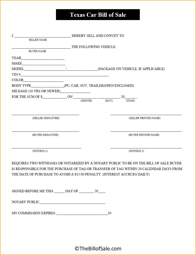 Texas Bill of Sale Form for General, Car, Vehicle & DMV [PDF]
