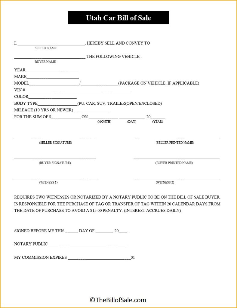 Utah Bill Of Sale Form For General Car Vehicle And Dmv Pdf 2293