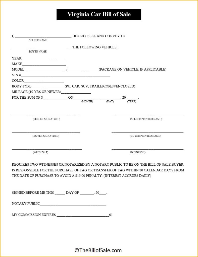 Virginia Bill Of Sale Form For General Car Vehicle And Dmv 9658