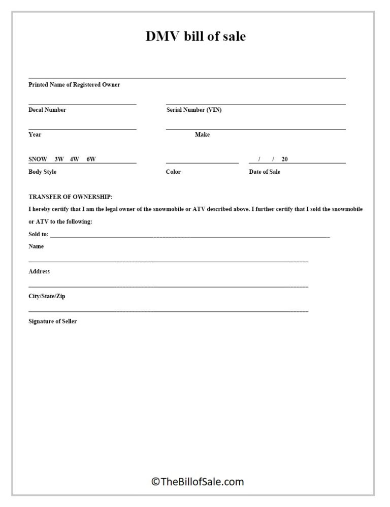 Dmv Bill Of Sale Form Template In Printable Pdf Format 7930