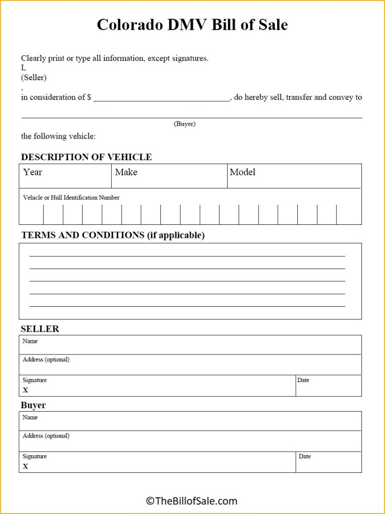 Colorado Bill of Sale Form for General, Car, Vehicle & DMV [PDF]